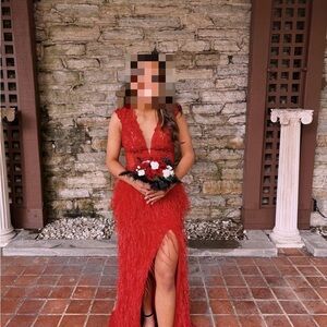 Jovani Red Feathered Prom Dress